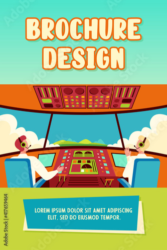 Colorful airplane cockpit isolated flat vector illustration. Two cartoon pilots sitting inside plane cabin in front of control panel. Flight crew and aircraft concept