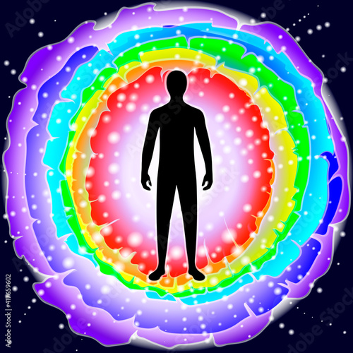The aura of the body. Rainbow color marked layers of the male body. Etheric, emotional, metallic, astral, celestial and causal layer. vector