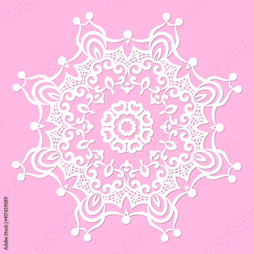 Mandala, lace paper doily, embossed pattern, 3D, round element. Paper cut out design, laser cut template. Vintage lace doily with border. Floral round napkin for your design. 