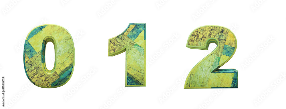 Tile cutouts. Numbers 0, 1, 2. Artistic green alphabet 3d render. One-click background removal. Tile cutouts. Numbers 0, 1, 2. Artistic green alphabet 3d render. One-click background removal.