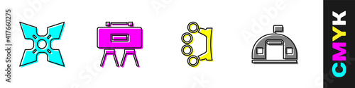 Set Japanese ninja shuriken, Military mine, Brass knuckles and barracks icon. Vector.