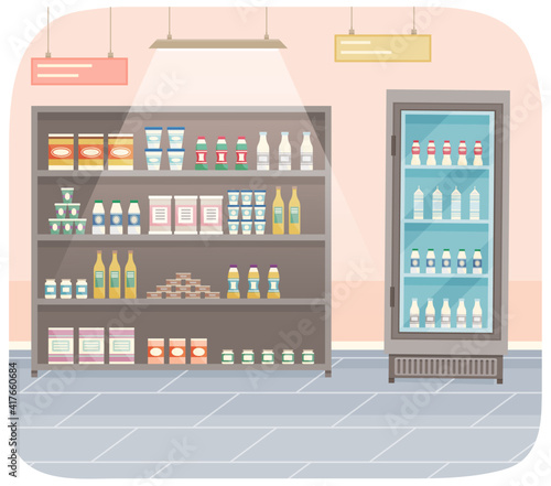 Showcase with groceries in the store. Fridge for cooling dairy products. Different colored bottles and boxes on shelves. Refrigerator dispenser cooling machine, shop equipment, goods in supermarket