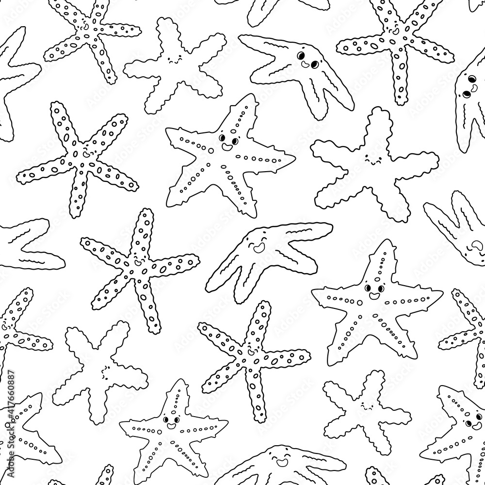 Seamless vector outline cartoon pattern of sea stars. Smiling starfish with eyes. Doodle of Marine invertebrates with five arms, black white colors for coloring kids book or print.