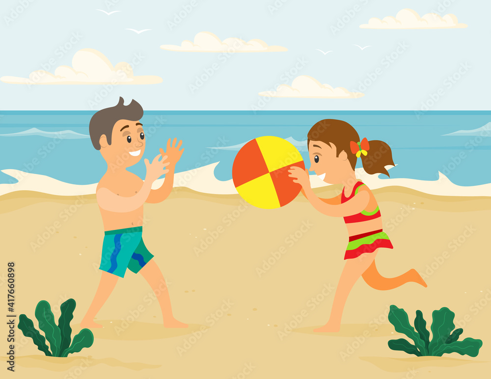 Children are throwing ball to each other on beach. Boy with girl playing volleyball on ocean. Cartoon characters doing sports in summer. Kids are having fun at sandy beach resort near sea together Children are throwing ball to each other on beach. Boy with girl playing volleyball on ocean. Cartoon characters doing sports in summer. Kids are having fun at sandy beach resort near sea together