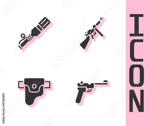 Set Mauser gun, Anti-tank hand grenade, Gun in holster and Tommy icon. Vector.