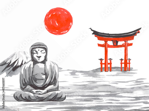 Japan traditional sumi-e painting. Fuji mountain, sakura, sunset. Japan sun. Indian ink vector illustration. Japanese picture. monk