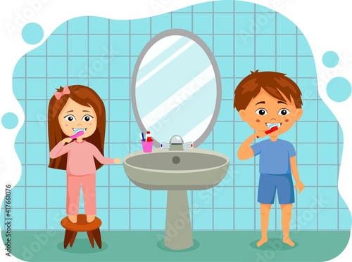 A little kid boy and girl brush clean teeth. Vector kids illustration