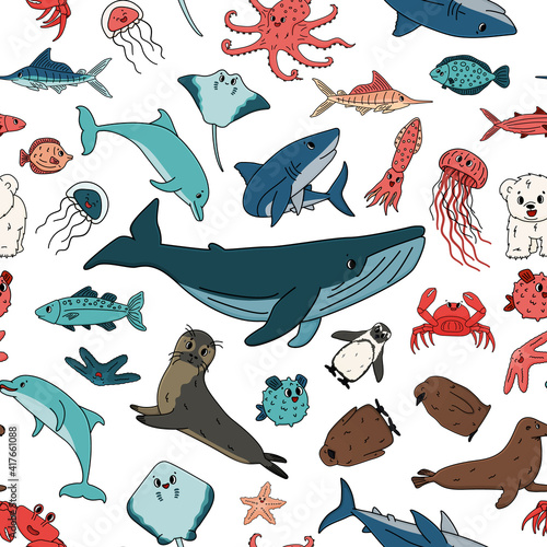 Seamless vector pattern of cartoon outline isolated sea ocean animals. Doodle whale, dolphin, shark, stingray, jellyfish, fish, stars, crab, king Penguin chick, octopus, fur seal, polar bear cub.