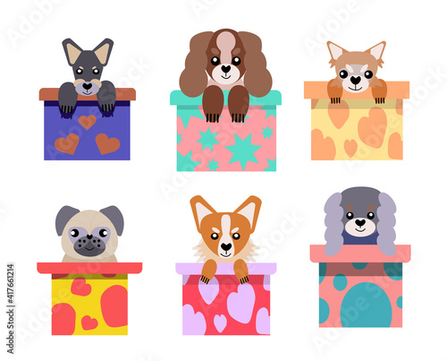 A set of vector icons of portraits of small dogs peeking out of the box, drawn in a flat style. Vector illustration in cartoon style. A toy dog. A puppy as a gift.
