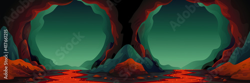 Cave - vector seamless background. Cavern landscape with an underground lava river in greenish-blue colors. Vector illustration in flat cartoon style.