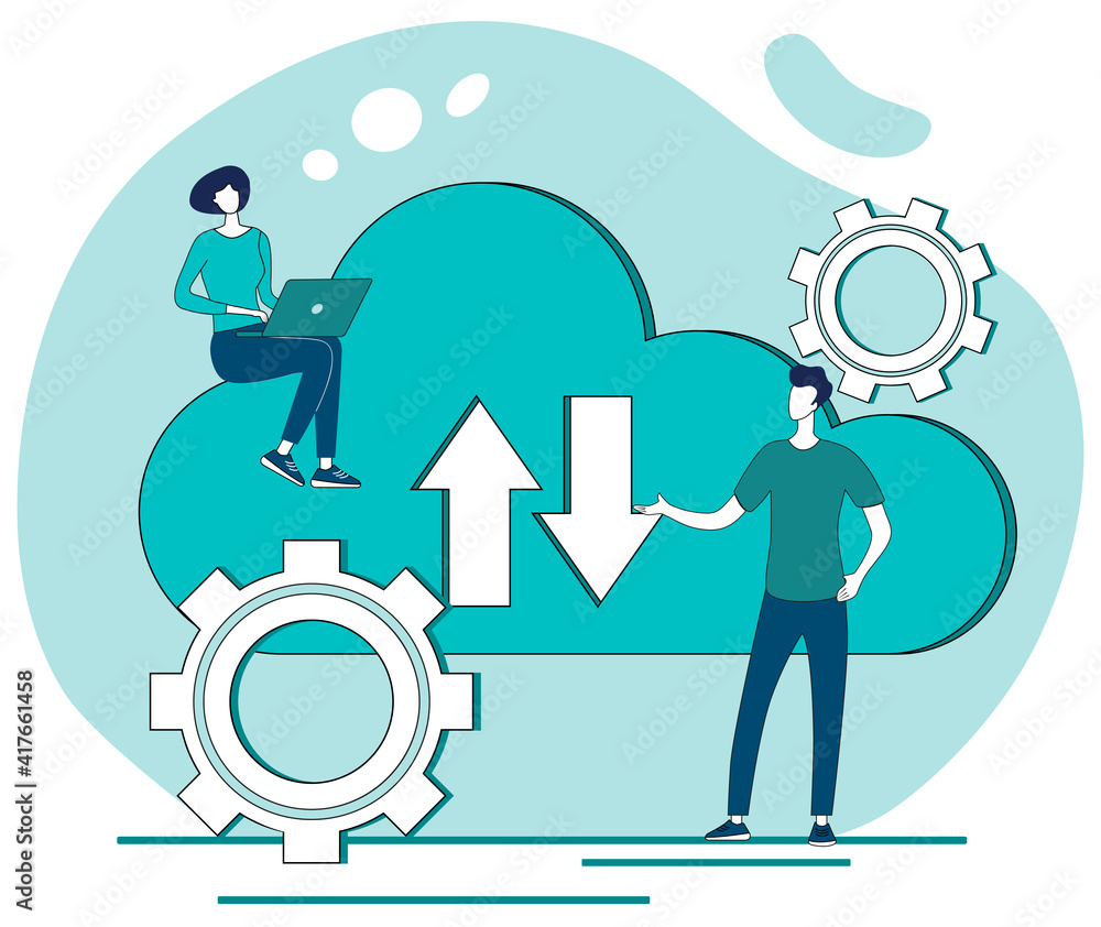 Cloud storage of data.Symbols for storing and processing virtual data.People on the background of the cloud symbol.Flat vector illustration. Cloud storage of data.Symbols for storing and processing virtual data.People on the background of the cloud symbol.Flat vector illustration.