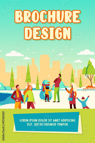 Happy people walking in cold winter park isolated flat vector illustration. Cartoon characters ice skating, playing and family making snowman. Winter activity and snowy landscape concept