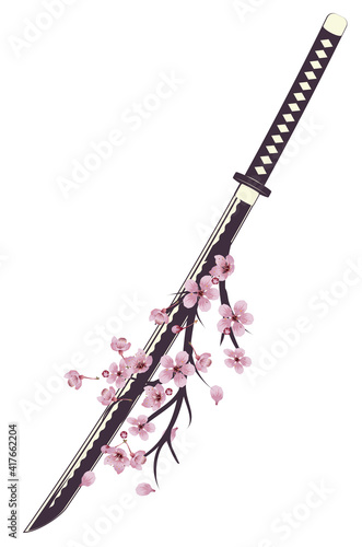 Japanese sword katana with sakura photo