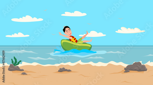 Man is riding rubber boat on ocean. Guy is having fun and spending time at beach resort. Happy person is doing sports during summer time. Male character in life jacket is sitting on rubber boat
