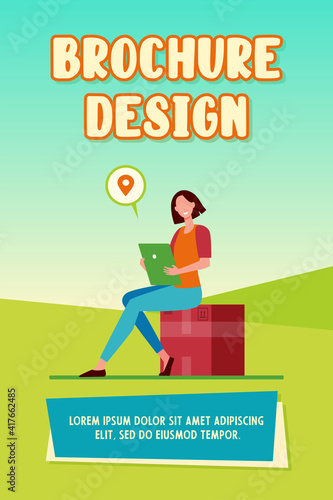 Woman with tablet mailing package. Sender inserting address online, sending big box flat vector illustration. Shipping, logistics, delivery concept for banner, website design or landing web page