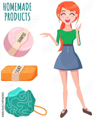 Natural handmade organic soap bar and shampoo spa and body care flyer with happy young girl. Against chemical detergents. Eco-friendly lubricant and skin hygiene with eco herbal cosmetics for bath