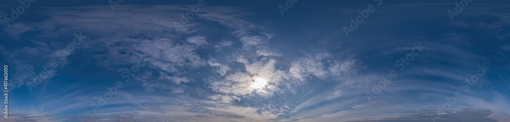 Sky panorama on sunrise with Cirrus clouds in Seamless spherical equirectangular format as full zenith for use in 3D graphics, game and in aerial drone 360 degree panoramas for sky replacement.