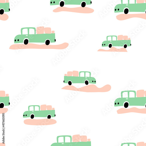 Vector pastel color doodle scandinavian cars. Seamless baby boy pattern. Texture for wallpaper, fills, web page background