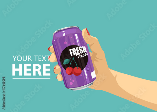 Woman hand with a can of soda. Vector illustration.
