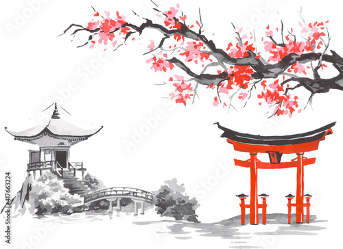 Japan traditional sumi-e painting. Fuji mountain, sakura, sunset. Japan sun. Indian ink vector illustration. Japanese picture.