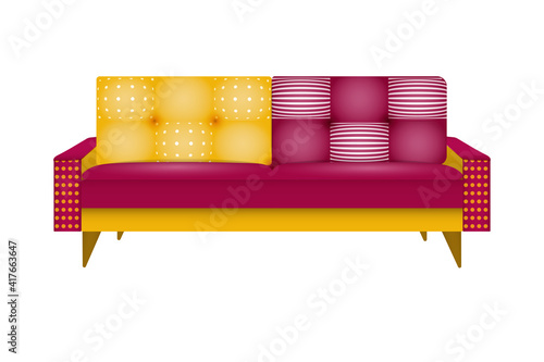 sofa memphis style yellow and purple colored isolated on white background photo