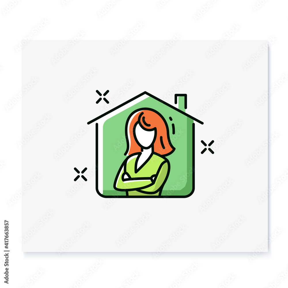 Stay home character color icon.Quarantine - stay home.Protect yourself. Virus prevention concept.Housemaid .Isolated vector illustration Stay home character color icon.Quarantine - stay home.Protect yourself. Virus prevention concept.Housemaid .Isolated vector illustration