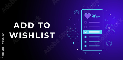 Add to Wishlist vector horizontal banner concept. Dark ultra violet neon glowing thin icon illustration. Header and footer banner template with text on dark violet background