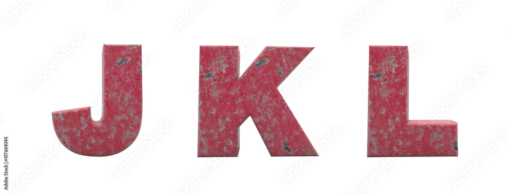 Alphabet of broken red wall. Letters J, K, L. Red antique font 3d render. Background remove in one click. Alphabet of broken red wall. Letters J, K, L. Red antique font 3d render. Background remove in one click.