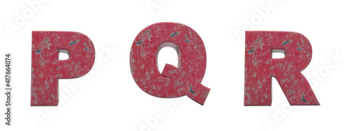 Alphabet of broken red wall. Letters P, Q, R. Red antique font 3d render. Background remove in one click.