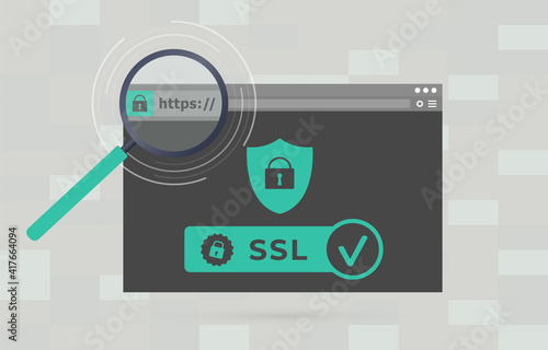 Website with safe https SSL certificate encryption. Browser window with HyperText Transfer Protocol Secure url in web address bar. Advantage TLS Transport Layer Security.