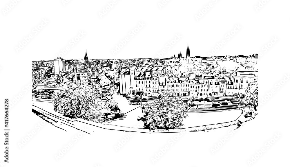 Building view with landmark of Caen is a port city and capital of Calvados department in northern France. Hand drawn sketch illustration in vector.