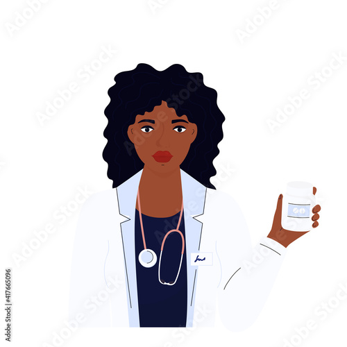 Female doctor. African American woman in a white gown. Hospital staff