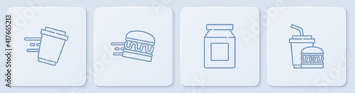 Set line Coffee cup to go, Online ordering and delivery, burger and Paper glass. White square button. Vector.
