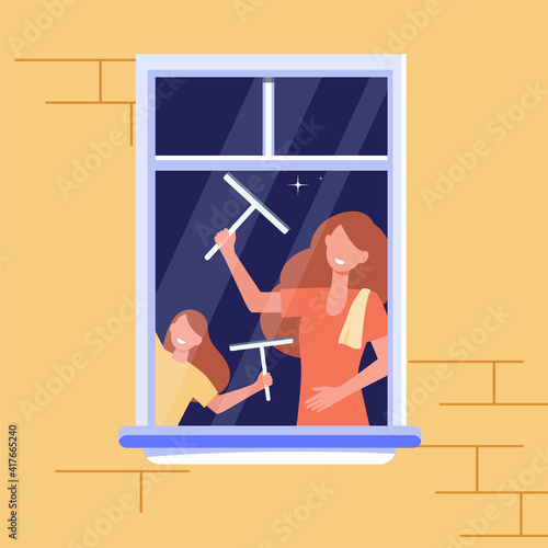 Mom and kid cleaning window. Daughter helping mother, rubbing glass with squeegee. Flat vector illustration. Domestic work, house cleanup concept for banner, website design or landing web page