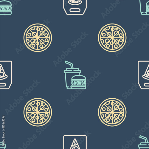 Set line Online ordering pizza delivery, Pizza and Paper glass and burger on seamless pattern. Vector.