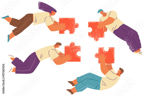 People flying in abstract imaginary space organizing puzzle pieces isolated on white background. Group of young men and women collecting figures. Teamwork and team building organization concept