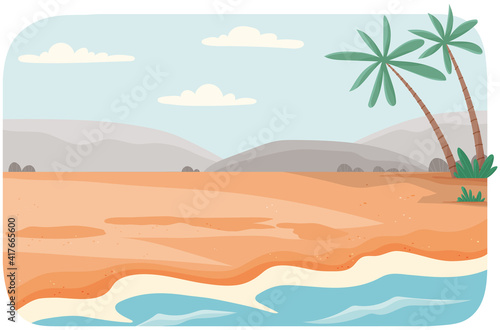 Coastline with ocean at high tide. Seascape with salty water on seashore on background of mountains or rocks. Sandy beach with palm trees. Light breeze on ocean bank. Plants growing on shore