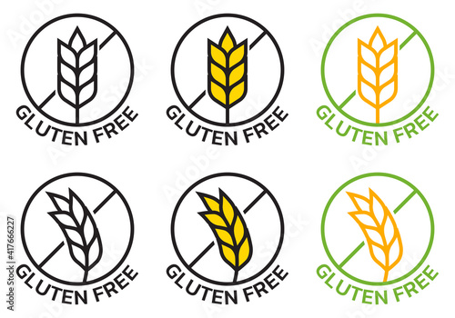 Gluten free icon set with grain or wheat symbol. Food allergy label or logo collection. Vector illustration.