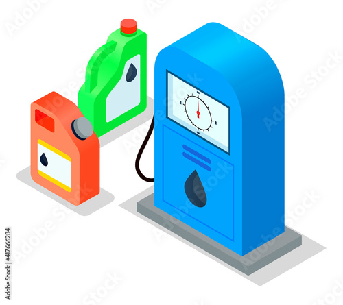 Gasoline pump retro design. Fuel container jerrycan near the gas station isolated on white background. Plastic canisters for motor oil. Petrol canister for diesel icon cartoon. Gas station equipment