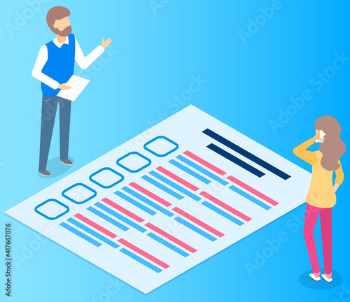 People discuss questionnaire. Colleagues in business suit looking at survey and communicating. Girl talking on phone. Man stands with sheet of paper and talks. Employees look at quiz exam document