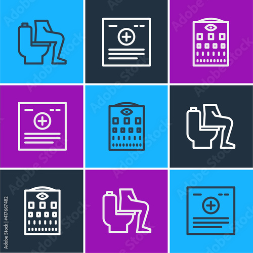 Set line Constipation, Eye test chart and Clinical record icon. Vector.