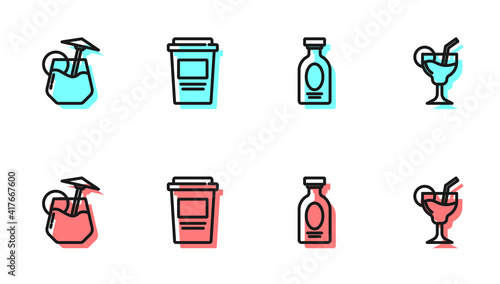 Set line Alcohol drink Rum, Cocktail, Coffee cup to go and icon. Vector.