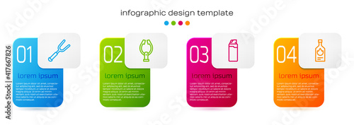 Set line Barbecue fork, Meat tongs, Lighter and Tabasco sauce. Business infographic template. Vector.