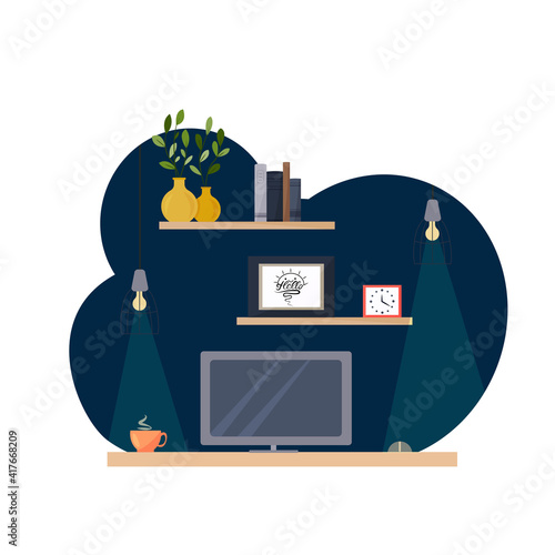 Vector image of the workplace. Desktop at night. Office with a computer in the dark. Colorful vector illustration in flat cartoon style.