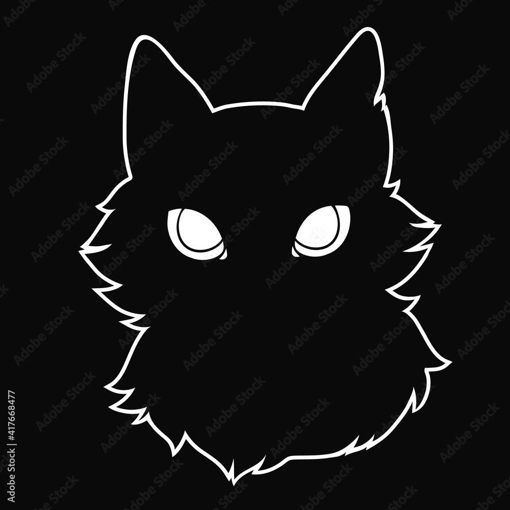 silhouette of a black fluffy cat with big eyes