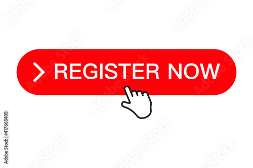 Clicking on the register now button, button with an arrow, registration for services. Sign up now banner, key, push button. Vector illustration with a click on a button and a cursor.