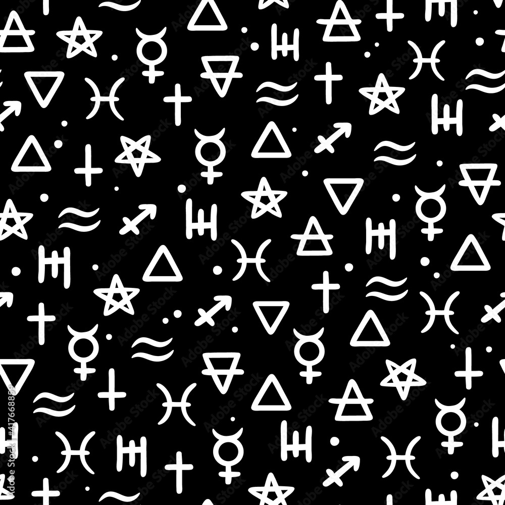 seamless pattern of white alchemical signs on a black background seamless pattern of white alchemical signs on a black background