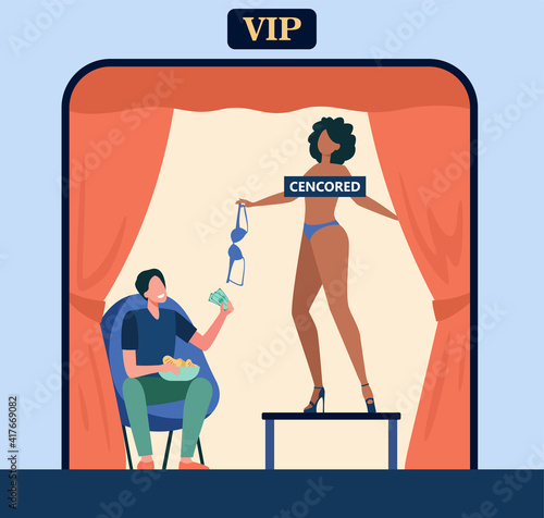 Bar customer watching striptease dance. Pole dancer job, vip zone, strip club client. Flat vector illustration. Adult show, entertainment concept for banner, website design or landing web page