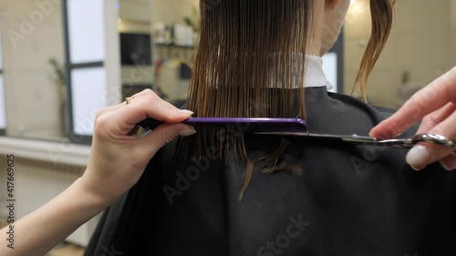 Hairdresser cuts clients hair using comb and scissors. Back view. Indoors in the hairdresser salon. Beauty procedure.