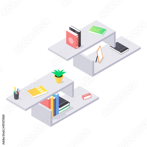 Books and chancellery on gray wooden bookshelf in isometric vector. Stacks of hard cover paper literature in shelf for education home or university interior. Rack with various home studying objects.